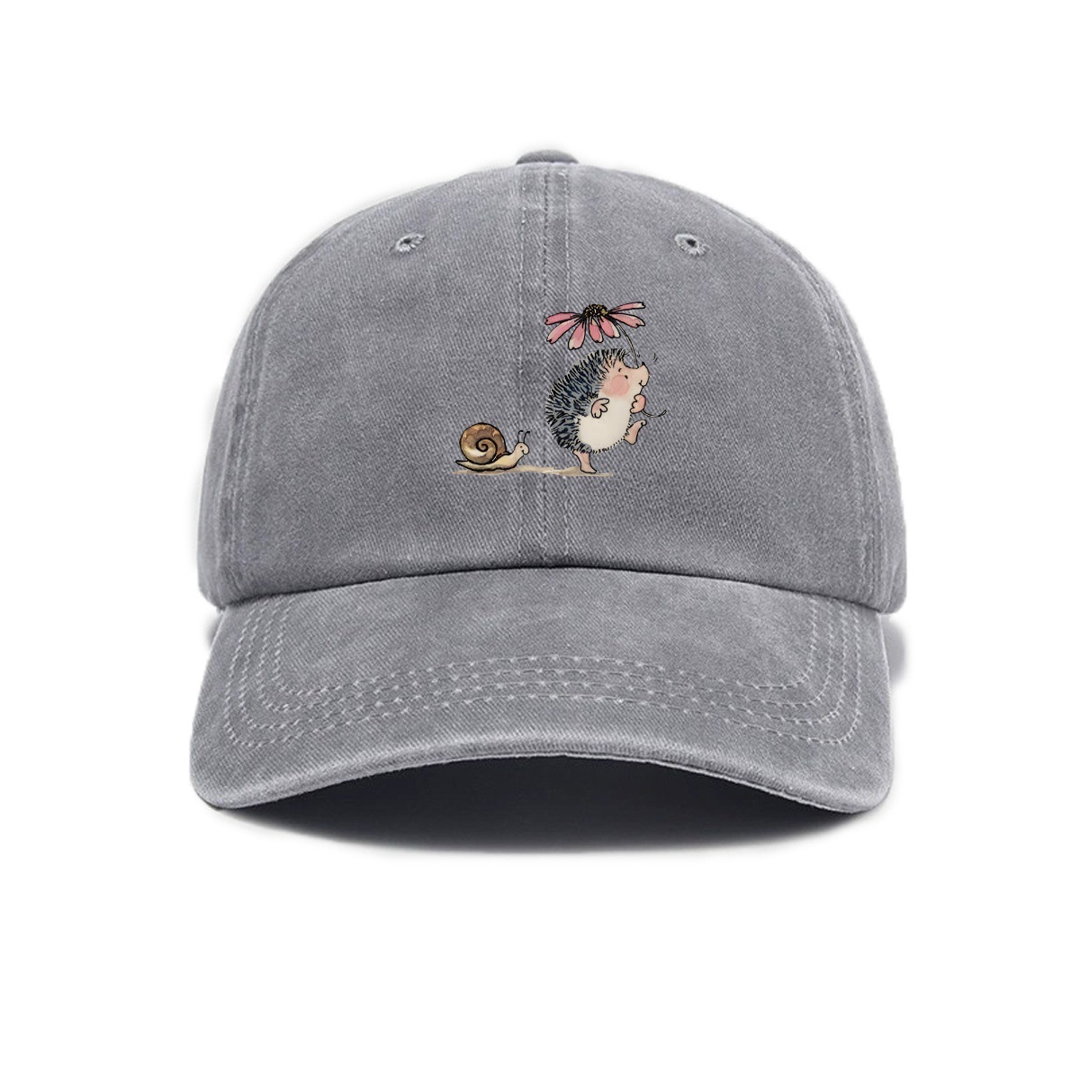Simple Cartoon Hedgehog And Snail Print Washed Out Vintage Baseball Cap photo 4
