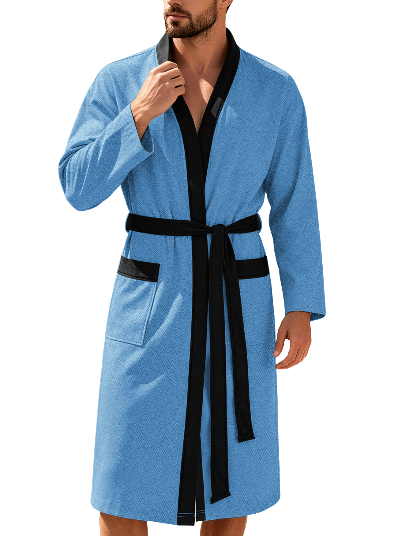 Mens Twill Terry Cloth Casual Long Robe With Two Pockets And Drawstring Tie photo 8