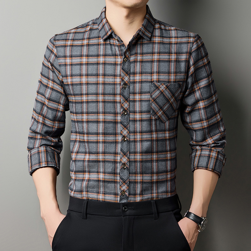 Breathable Fashionable Plaid Long-sleeve Printed Shirt For Middle-aged Men photo 1