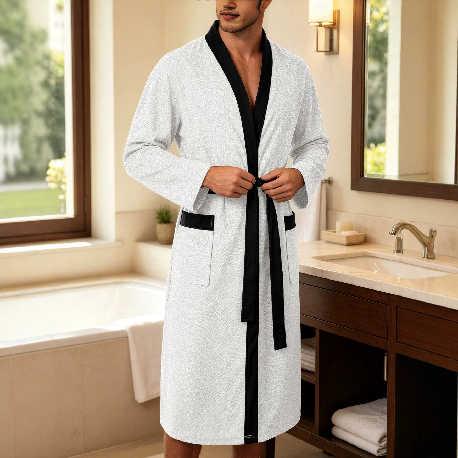 Mens Twill Terry Cloth Casual Long Robe With Two Pockets And Drawstring Tie photo 1