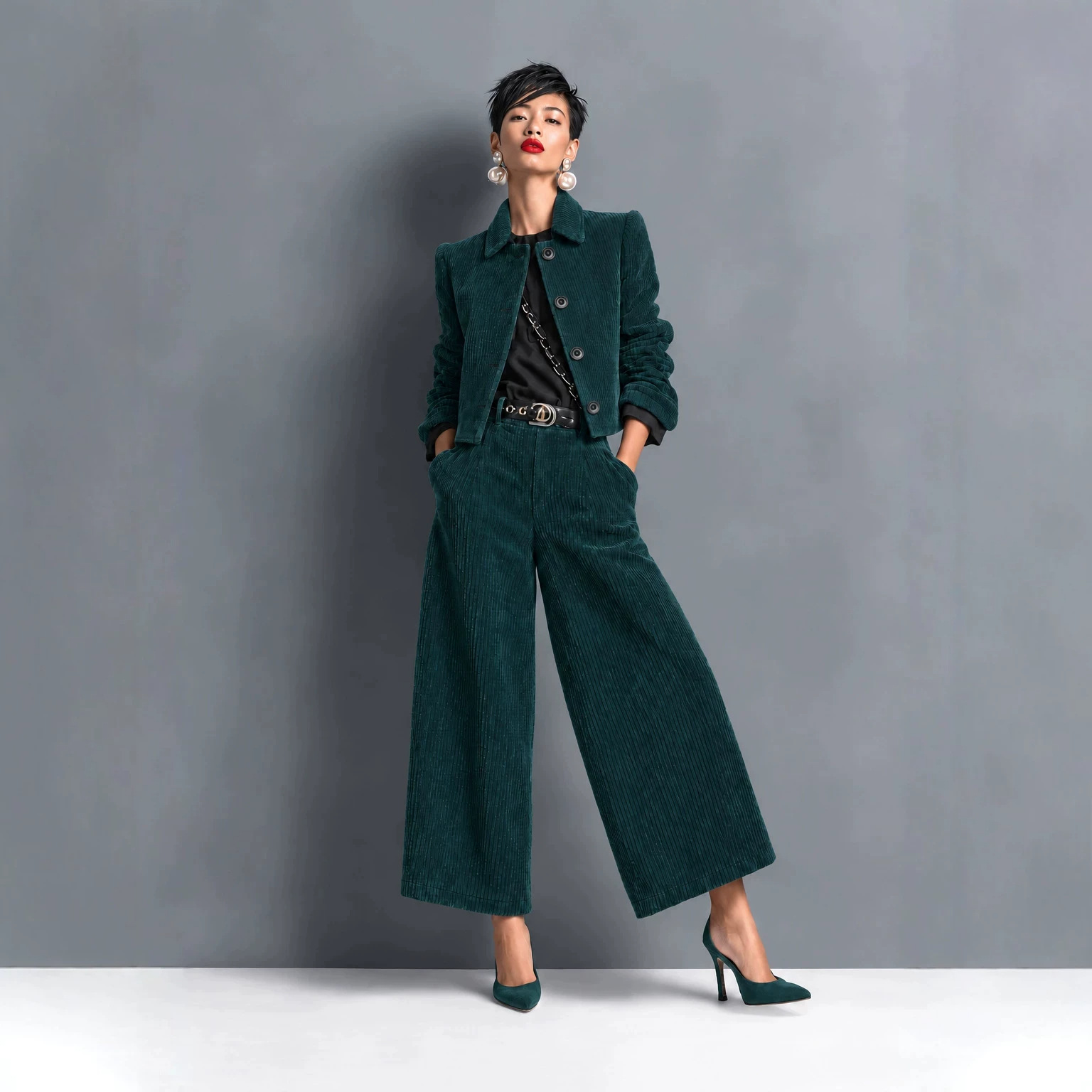 Corduroy Cropped Jacket And Wide-leg Pants Set photo 1