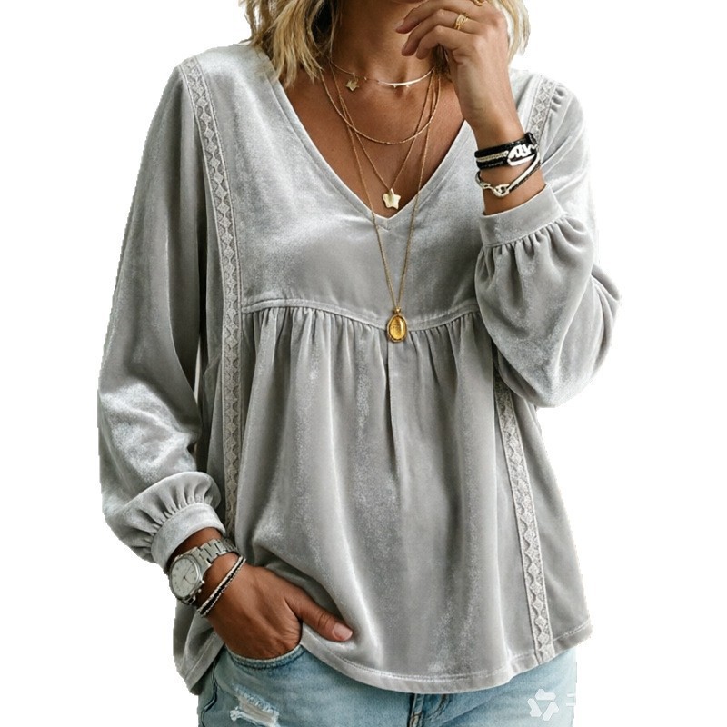 V-neck Lace Velvet Casual Loose-fitting Long-sleeve Top photo 2