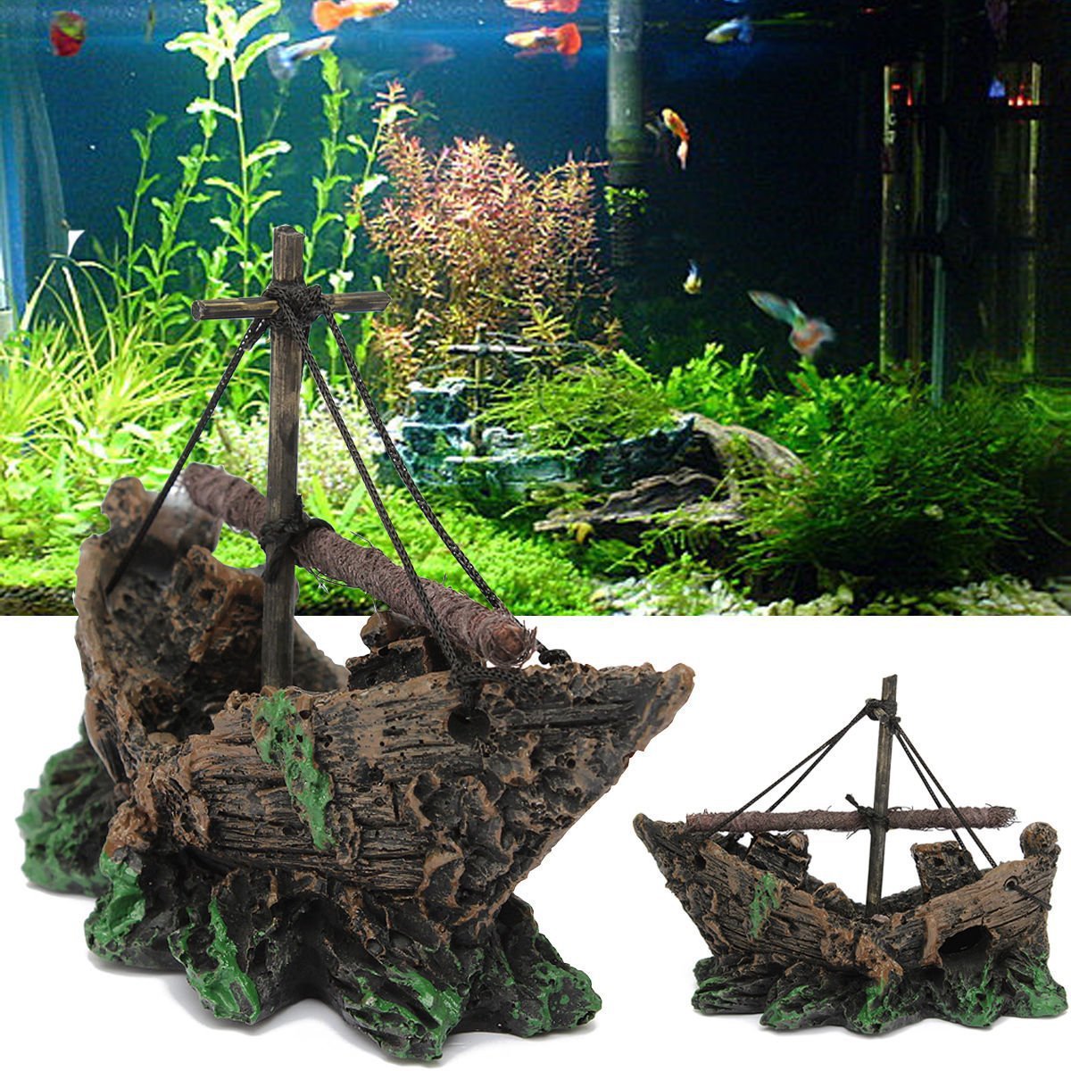 Aquarium Landscape Glass Fish Tank Decoration Small Net Boat photo 1