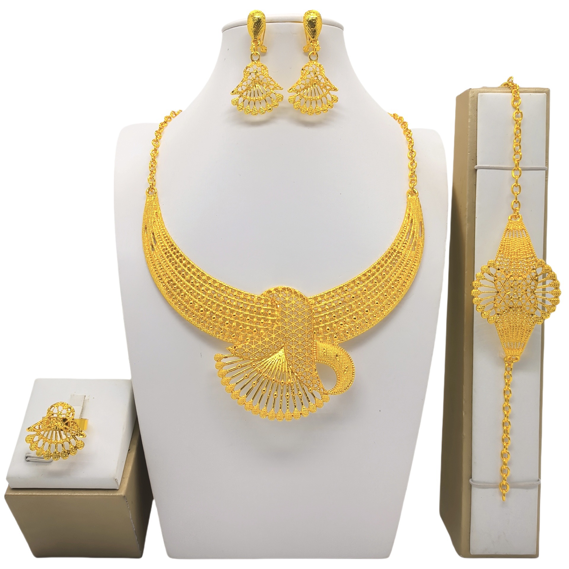 24K Gold Jewelry Suit Necklace Bracelet Earrings Four-piece Ring Set photo 3