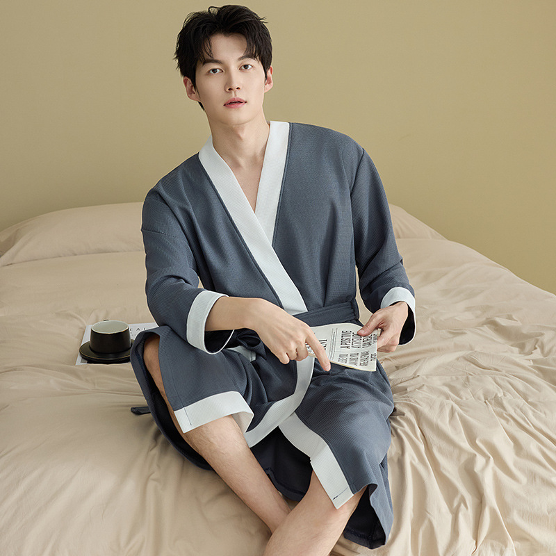 Mens Waffle-Weave Simple Casual Nightgown photo 2