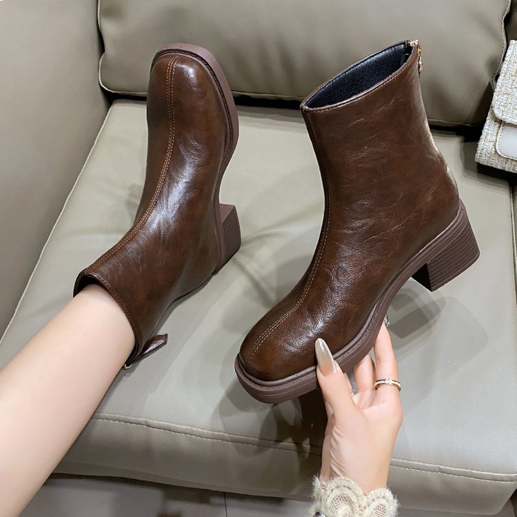 Retro Chunky-heeled Short Square-toe Mid-heel Boots photo 3