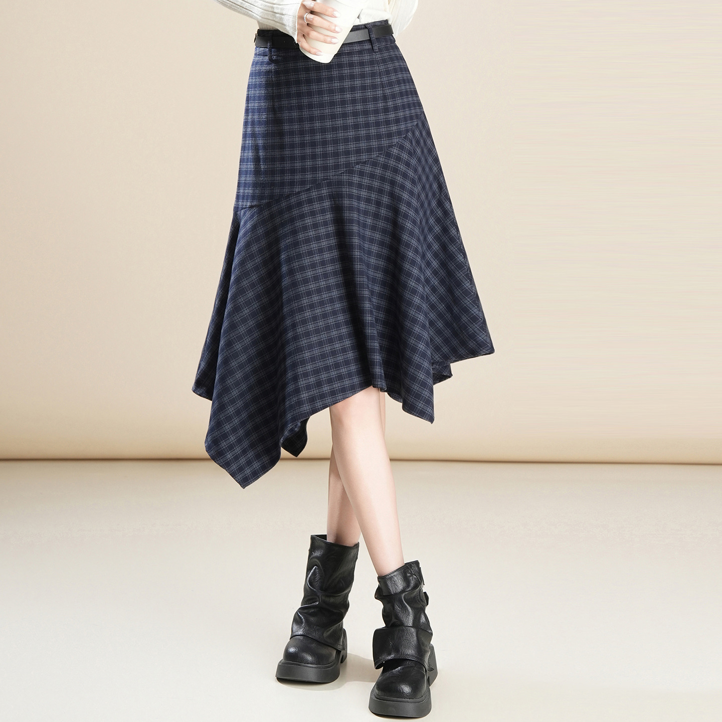 Wool Plaid Irregular Hem High Waisted Skirt - Women's Asymmetric A-Line Mini Skirt for Autumn Winter Casual Wear photo 7