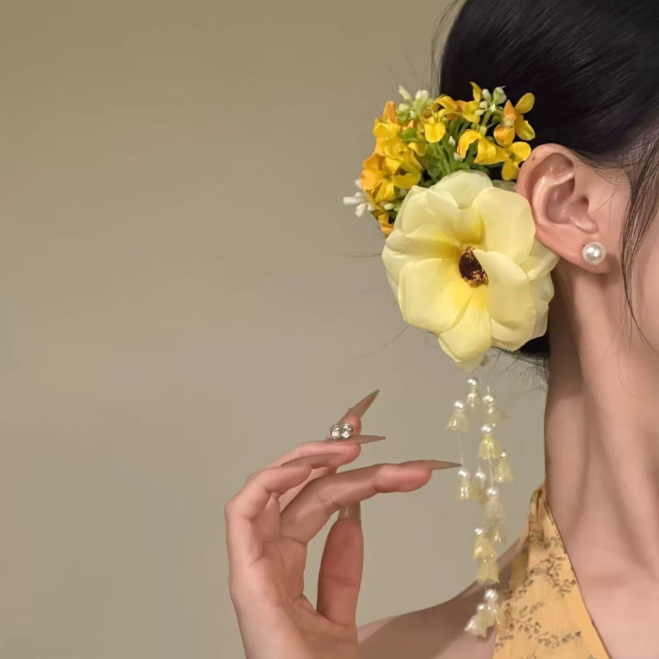 Super Fairy Pure Desire Yellow Atmosphere Pearl Linglan Tassel Side Clip Hair Accessories photo 4