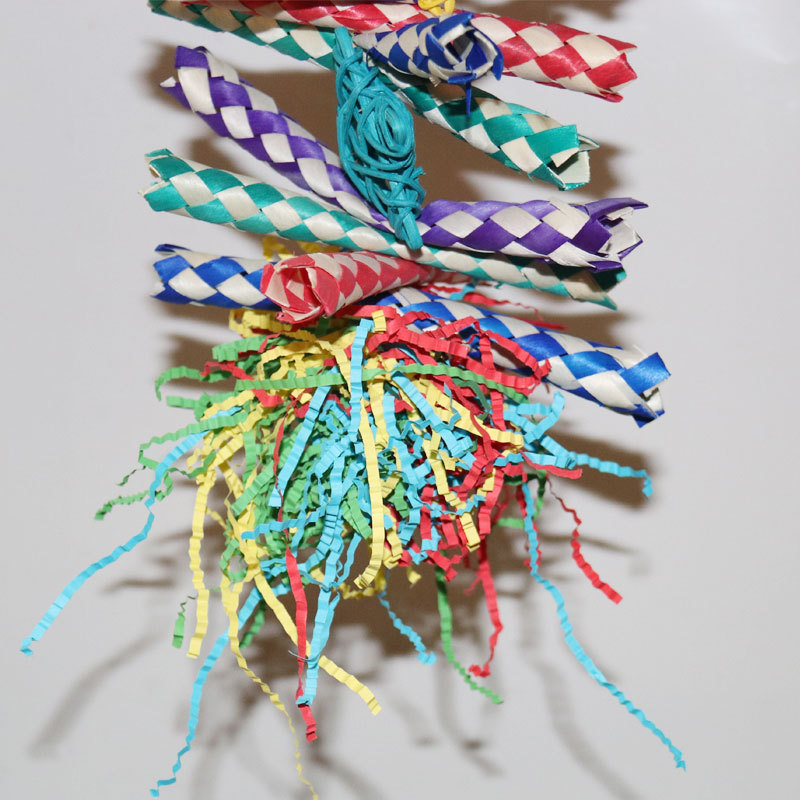 Colorful Shredded Paper And Rattan Weaving Wooden Gnawing Bird Cage Decoration photo 3