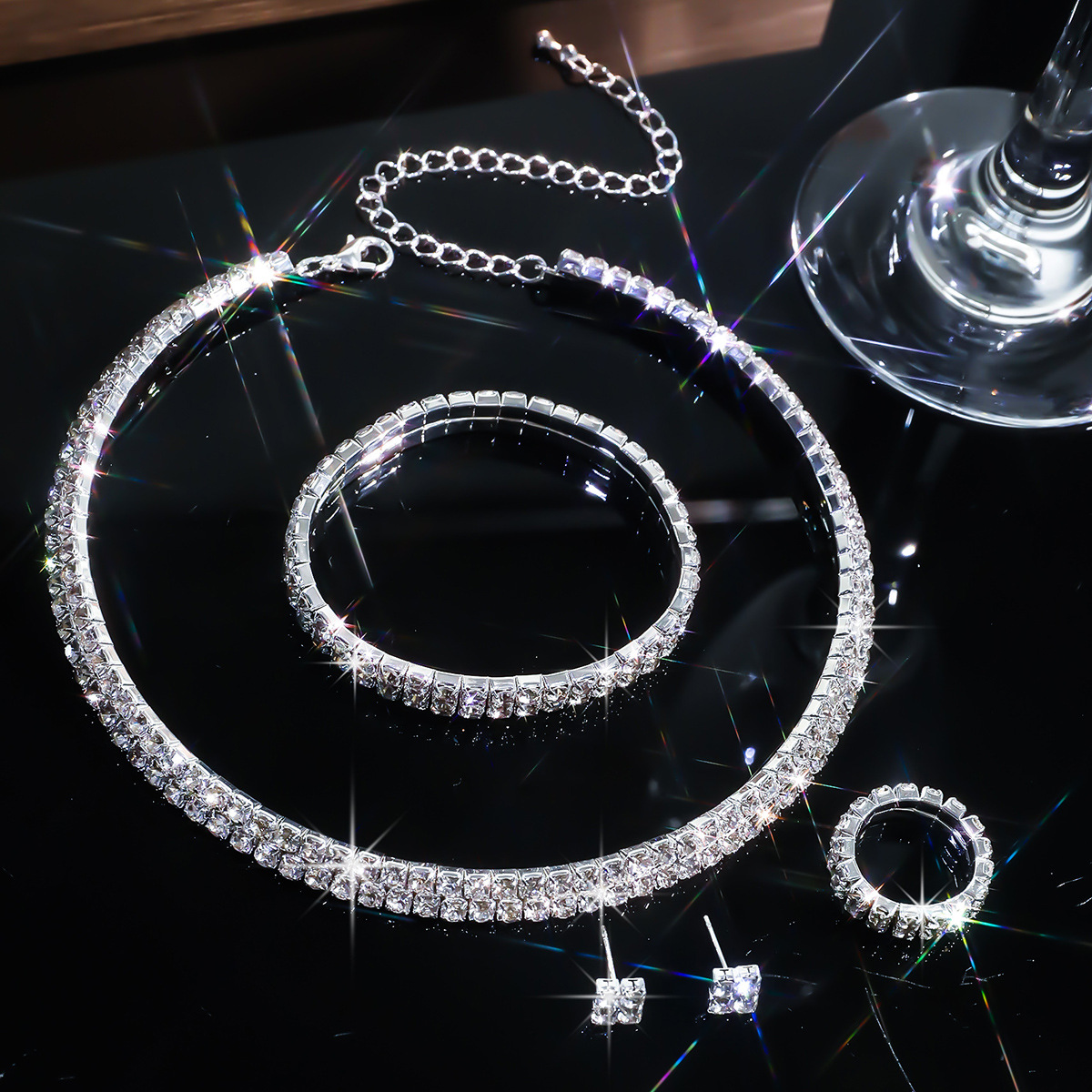 Full-cubic-zirconia Claw Chain Bracelet Stud Earrings And Ring Four-piece Set photo 5