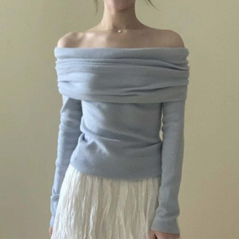 Off-the-shoulder Womens Knitted Bottoming Sweater photo 1