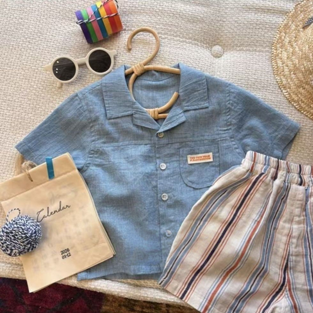 Boy's Cotton-linen Short-sleeve Shirt And Vertical-striped Shorts Two-piece Set photo 6