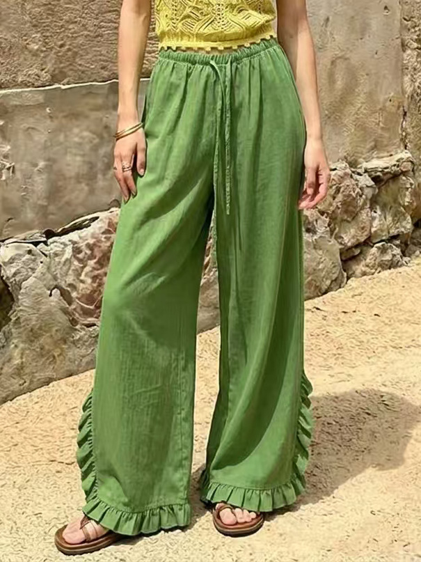 High Waisted Wide Leg Trousers With A Draped Ruffled Hem Casual Long Pants photo 3