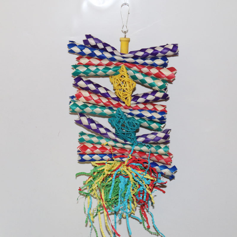 Colorful Shredded Paper And Rattan Weaving Wooden Gnawing Bird Cage Decoration photo 7