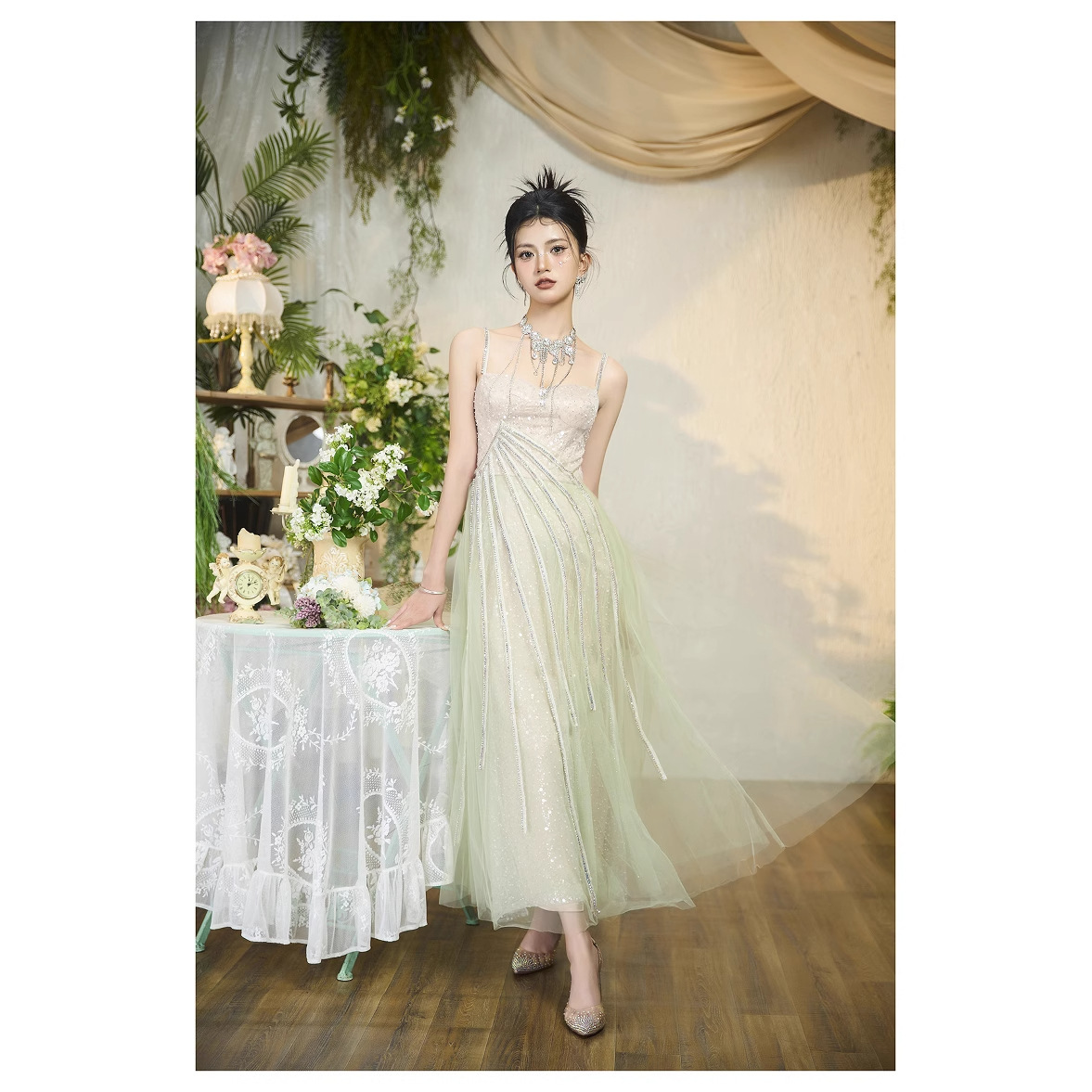 Pale Emerald Green Long-line Waist-cinching Strap Dress photo 5