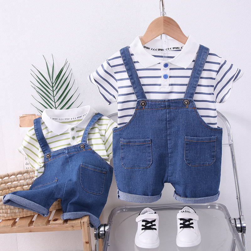 Boys Striped Lapel Denim Dungaree Set 2-Piece photo 1