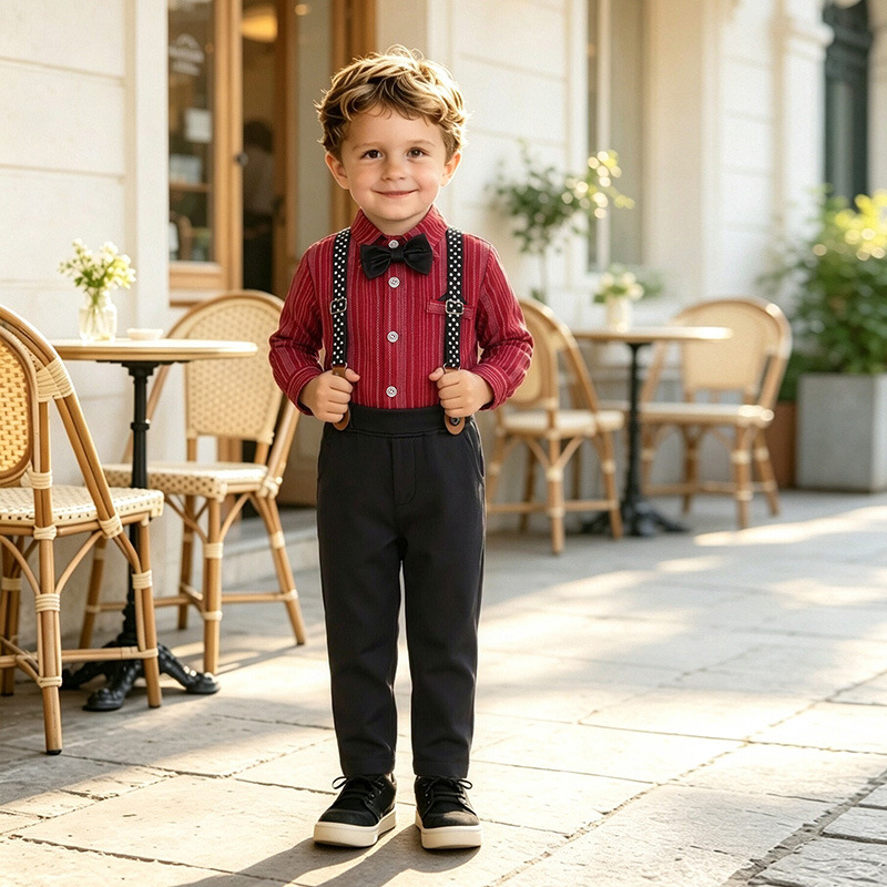Boy's Gentleman-style Set Red Shirt Bow Tie And Suspender Pants photo 5