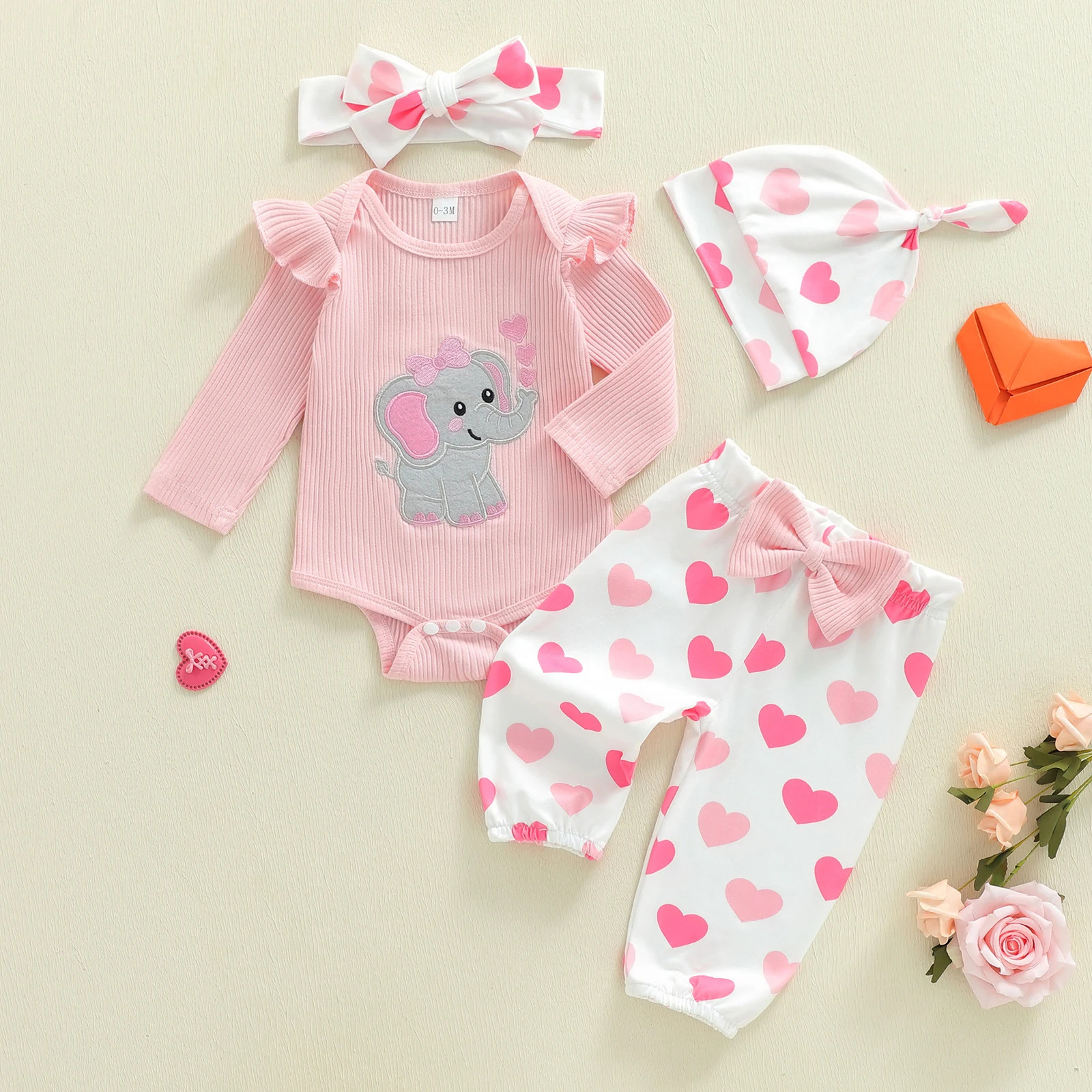 Long-sleeved Onesie With Long Pants Hat Hairband, Four-piece Set photo 1