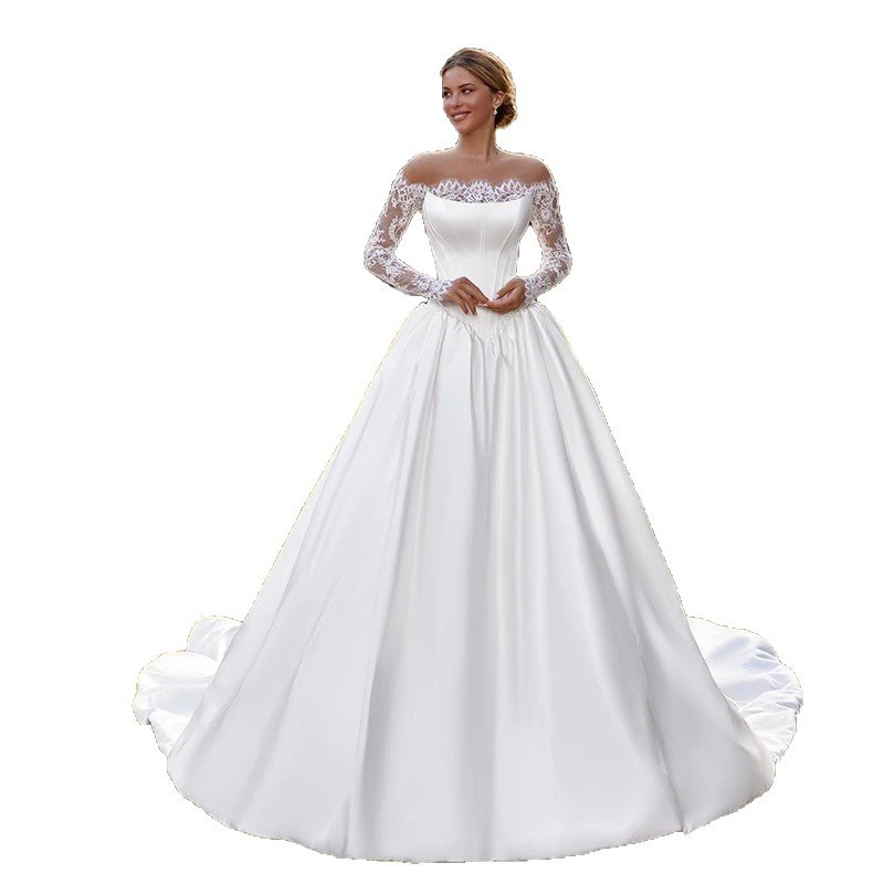 One-shoulder Lace Long-sleeve Satin Bridal Wedding Dress photo 2