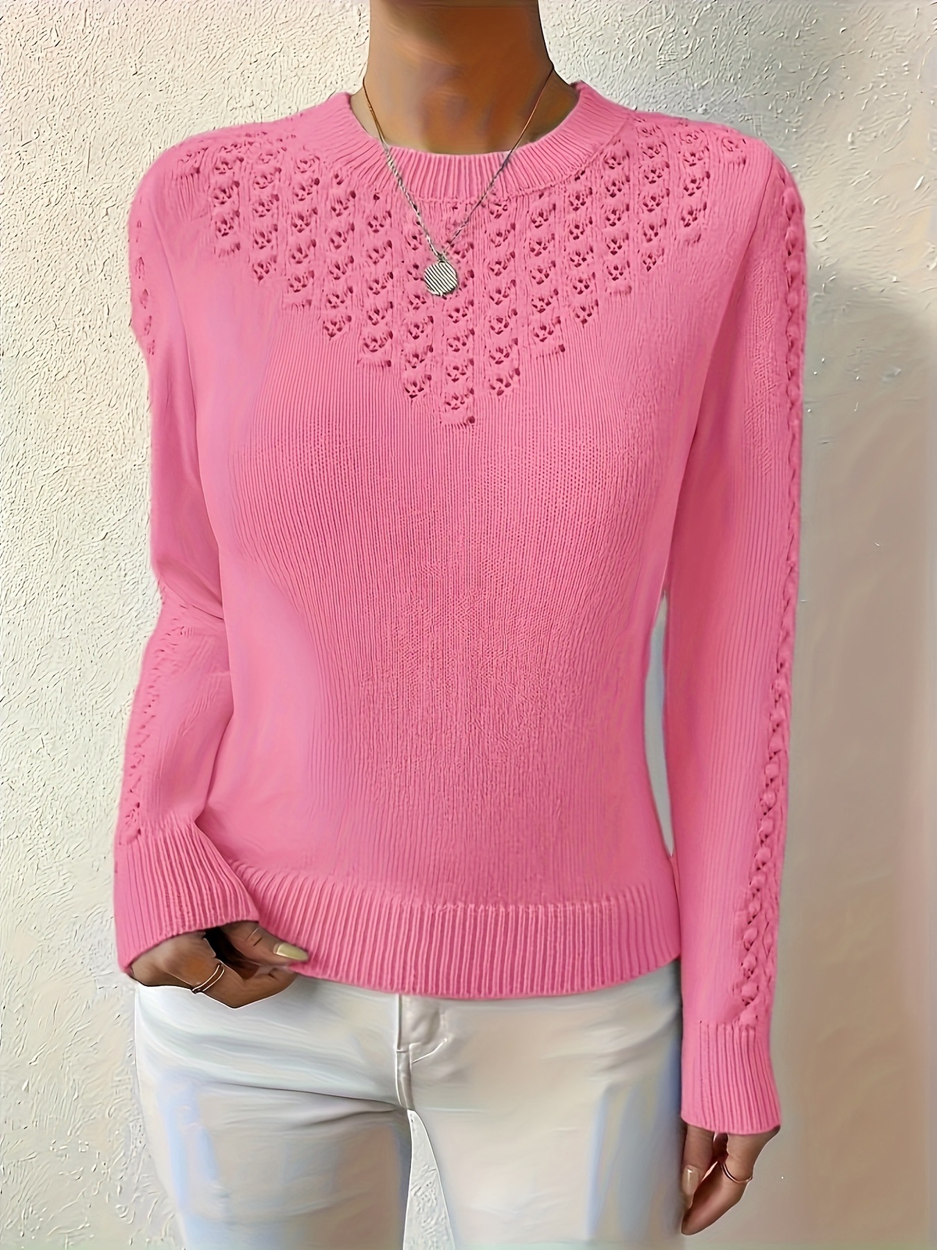 Solid-color Hollow-out Knit Crew-neck Long-sleeve Sweater photo 7