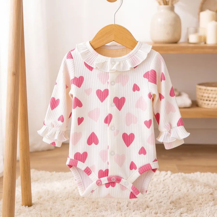 Baby Girl Cotton Ribbed Romper With Heart Print photo 5