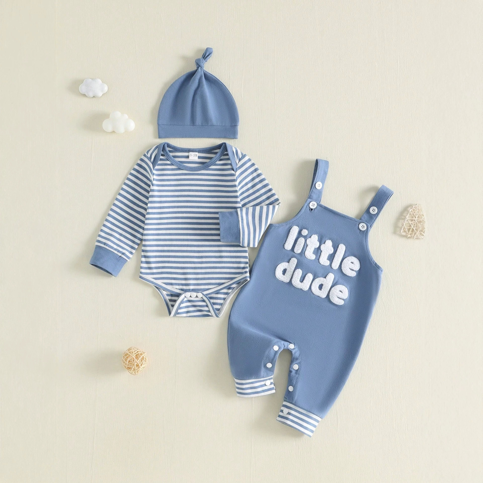 Baby And Toddler Striped Long-sleeve Romper Suspender Pants And Hat Set photo 1