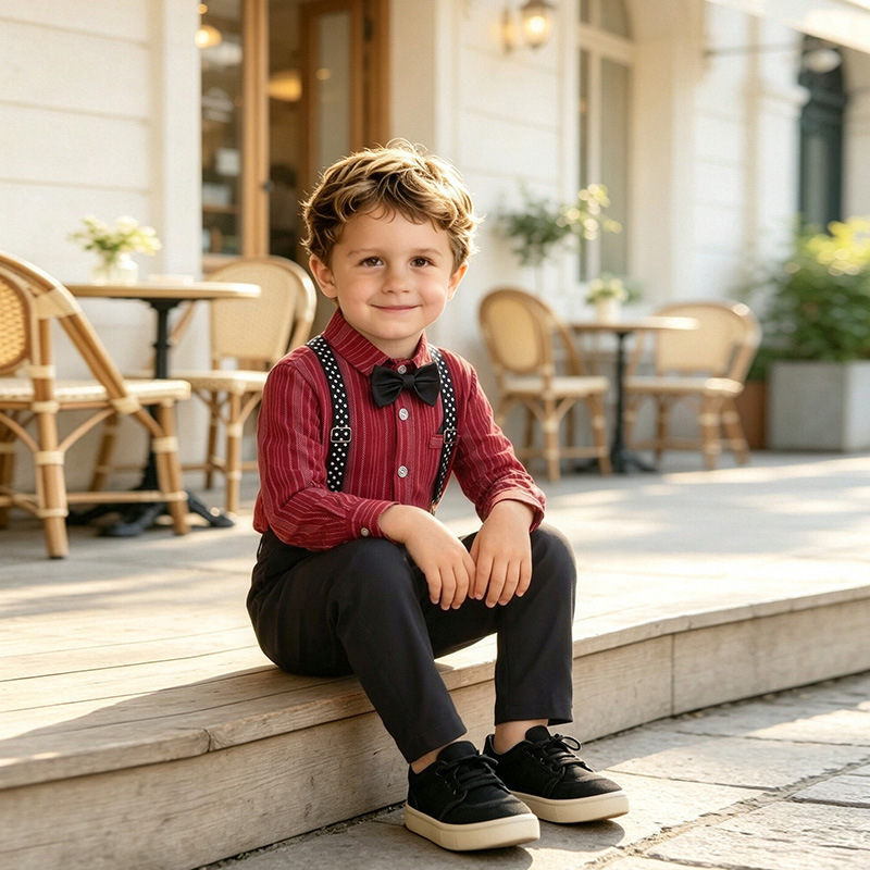 Boy's Gentleman-style Set Red Shirt Bow Tie And Suspender Pants photo 6