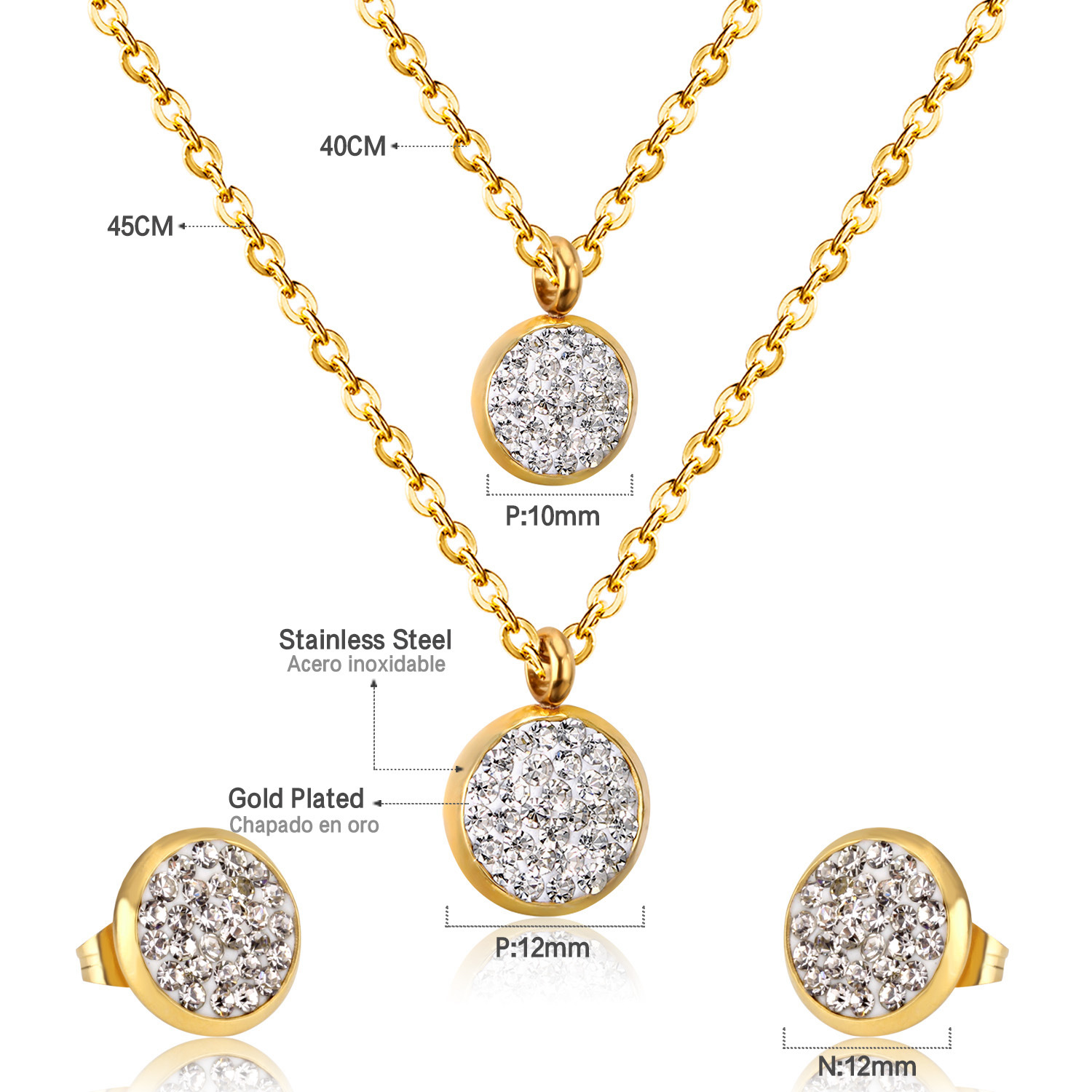 White Mud Pendant Double Chain Gold Stainless Steel Jewelry Set For Women photo 4