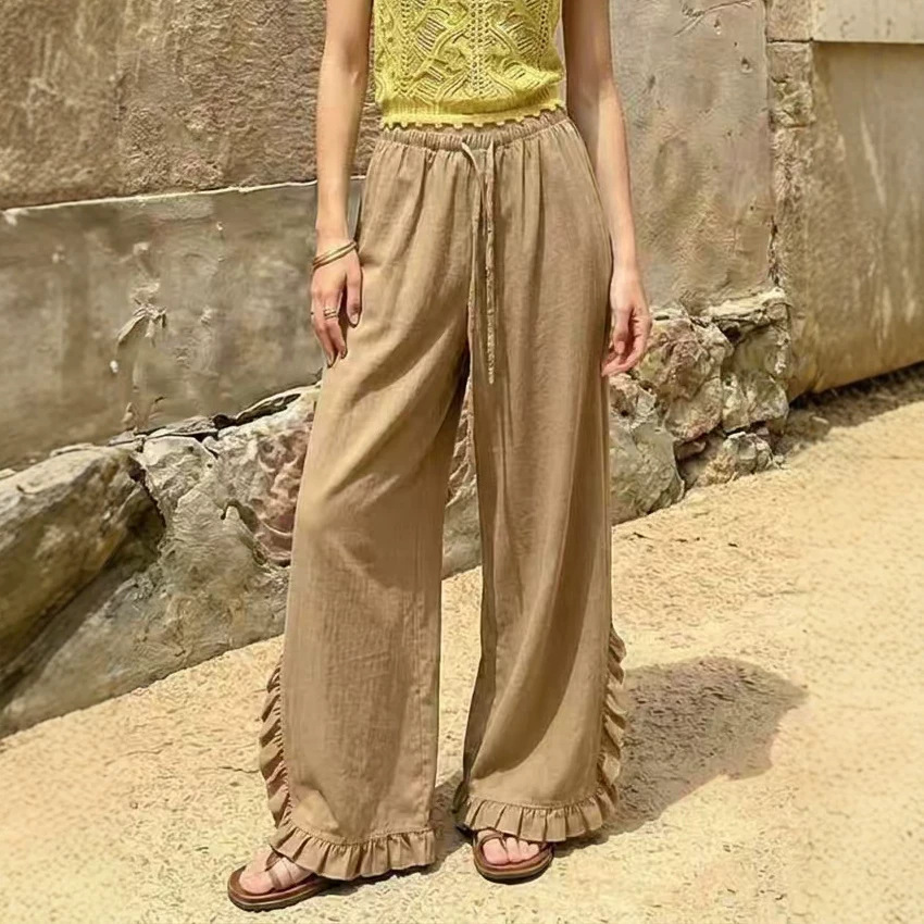 High Waisted Wide Leg Trousers With A Draped Ruffled Hem Casual Long Pants photo 2
