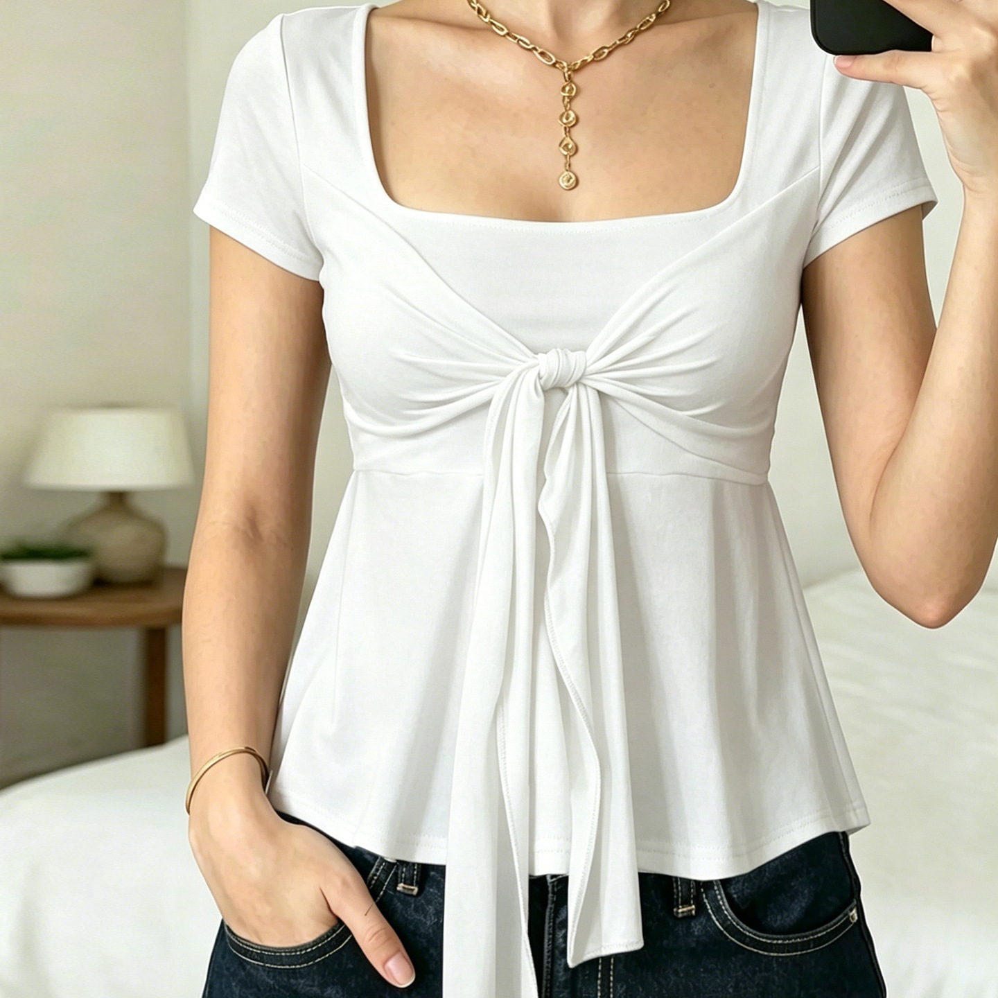 Summer Womens Retro Bow-tie Square-neck Loose-fit Short-sleeve Top photo 5