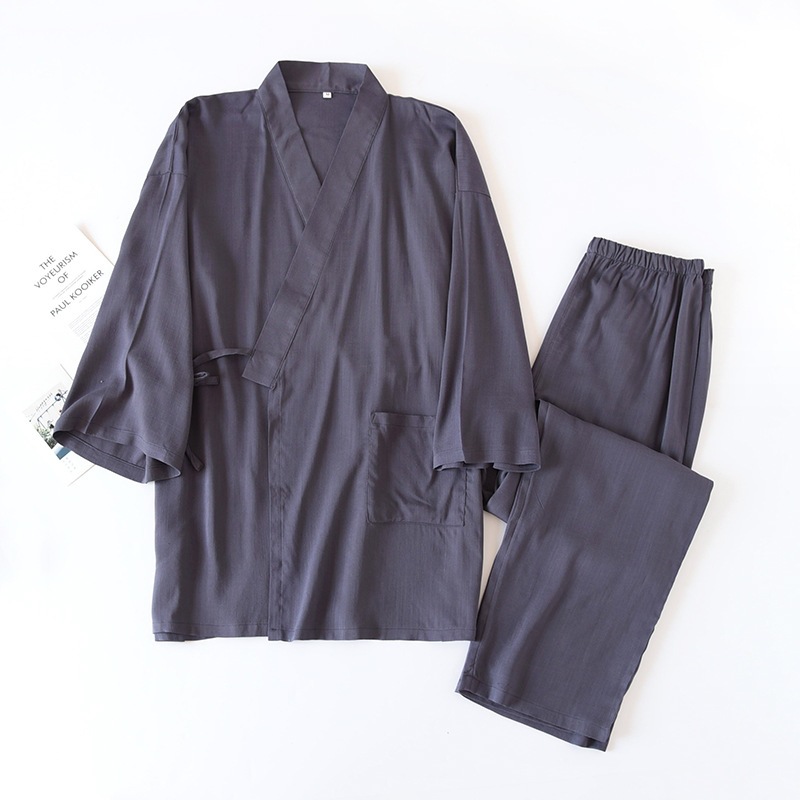 Japanese-style Solid-color Mens Kimono Pajamas, Cotton-linen Drawstring Homewear Set photo 4