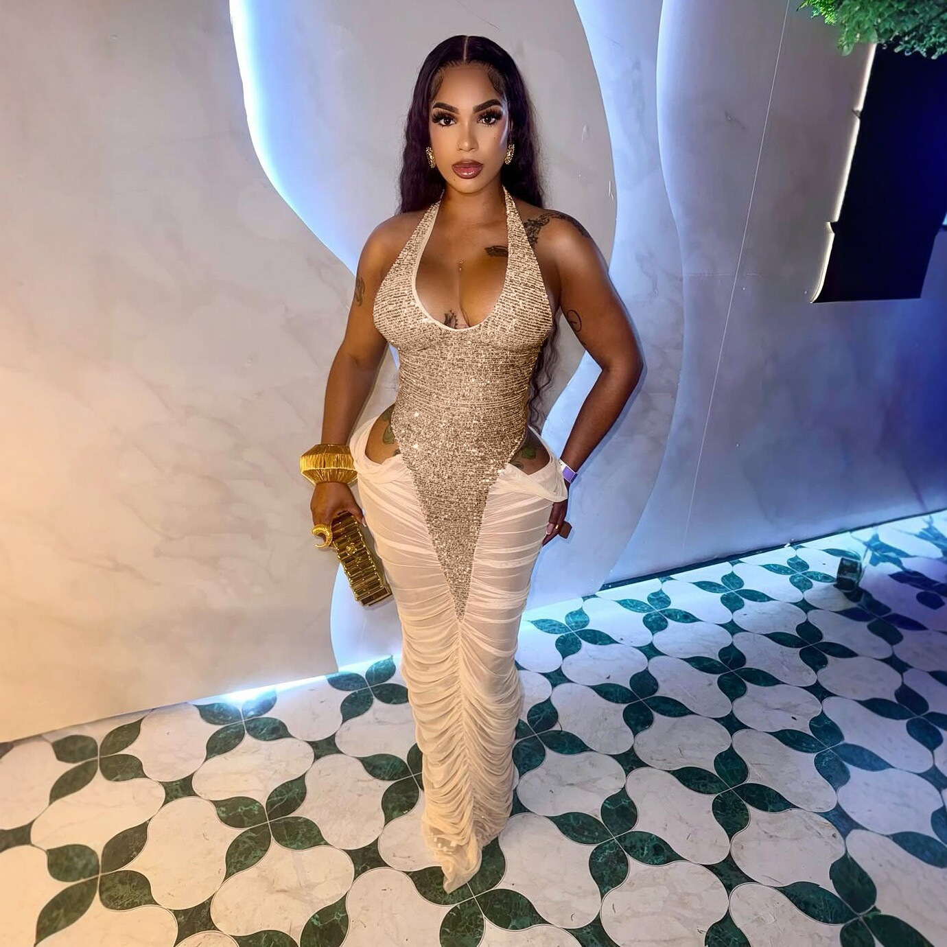 High-slit Mesh Panel Sequin Halter Gown photo 3