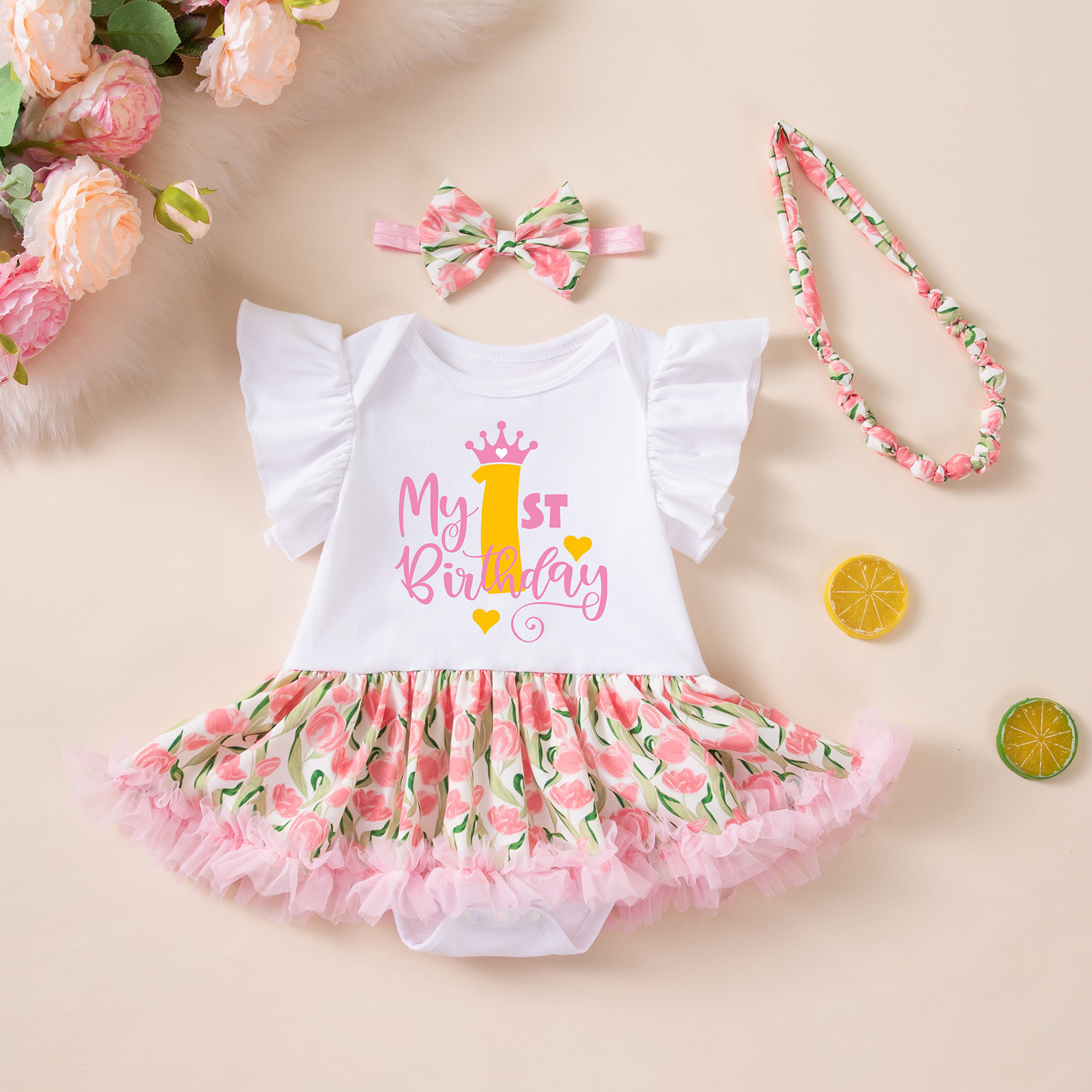 Birthday Outfit Flutter-Sleeve Romper Crawling Suit PP Pants And Bow Headband Set photo 6