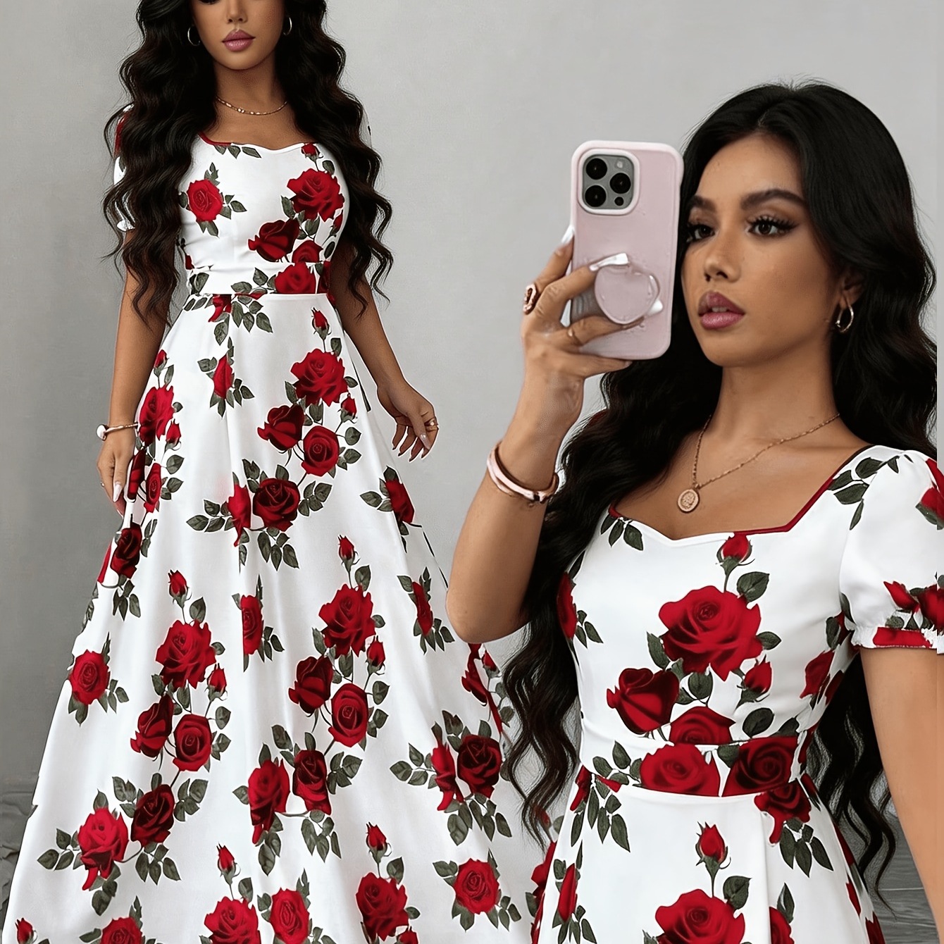 Elegant Vintage Rose-print Puff-sleeve Maxi Dress photo 2