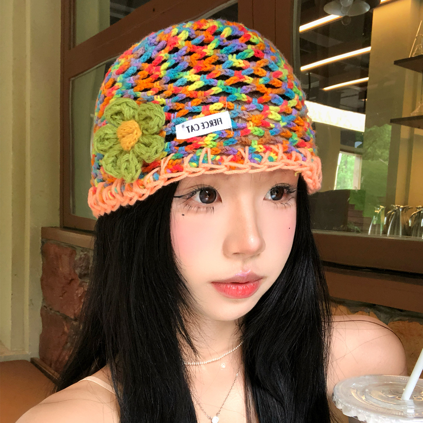 Women's Summer Thin Colorful Hollow-Out Floral Knitted Hat photo 2