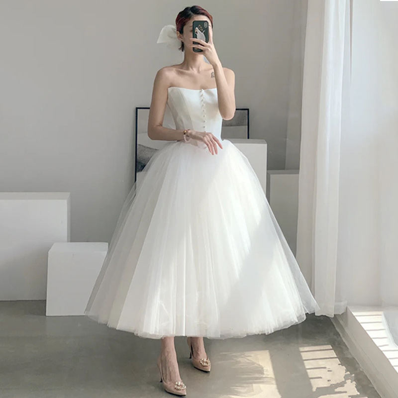 French-style Off-shoulder Light Wedding Dress Midi Length photo 4