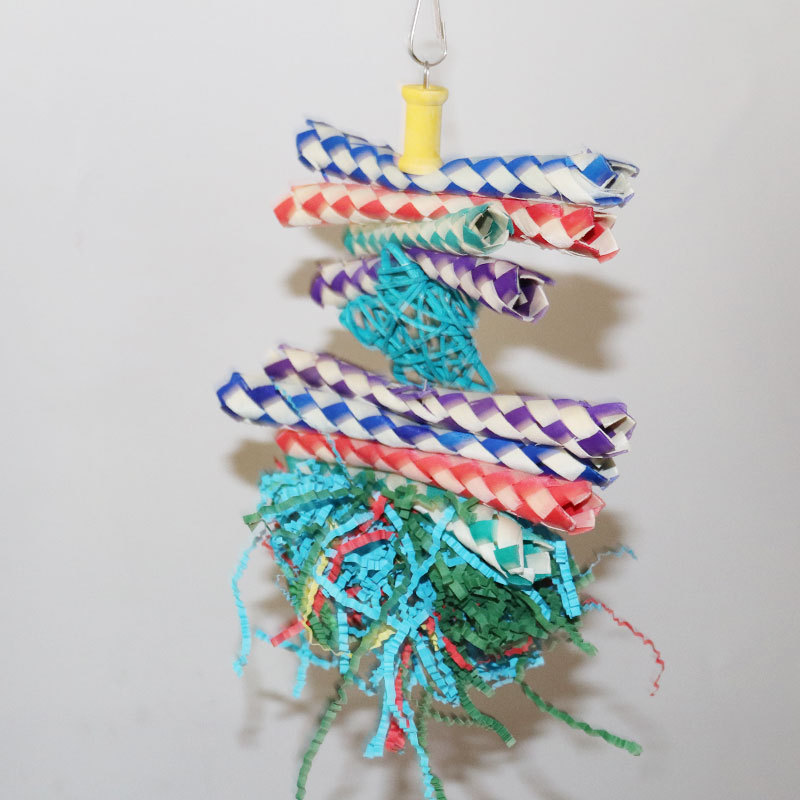 Colorful Shredded Paper And Rattan Weaving Wooden Gnawing Bird Cage Decoration photo 4