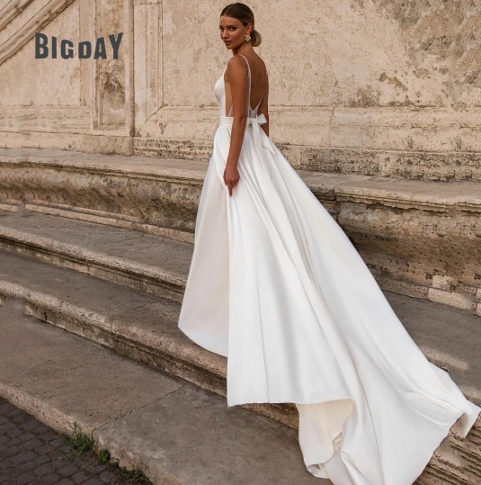 Simple Deep-V Strap Satin Wedding Dress photo 5