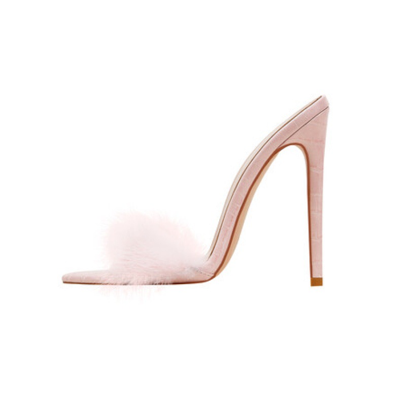 Womens Peep-toe Stiletto Heels Adorned With Faux Fur Trim photo 4