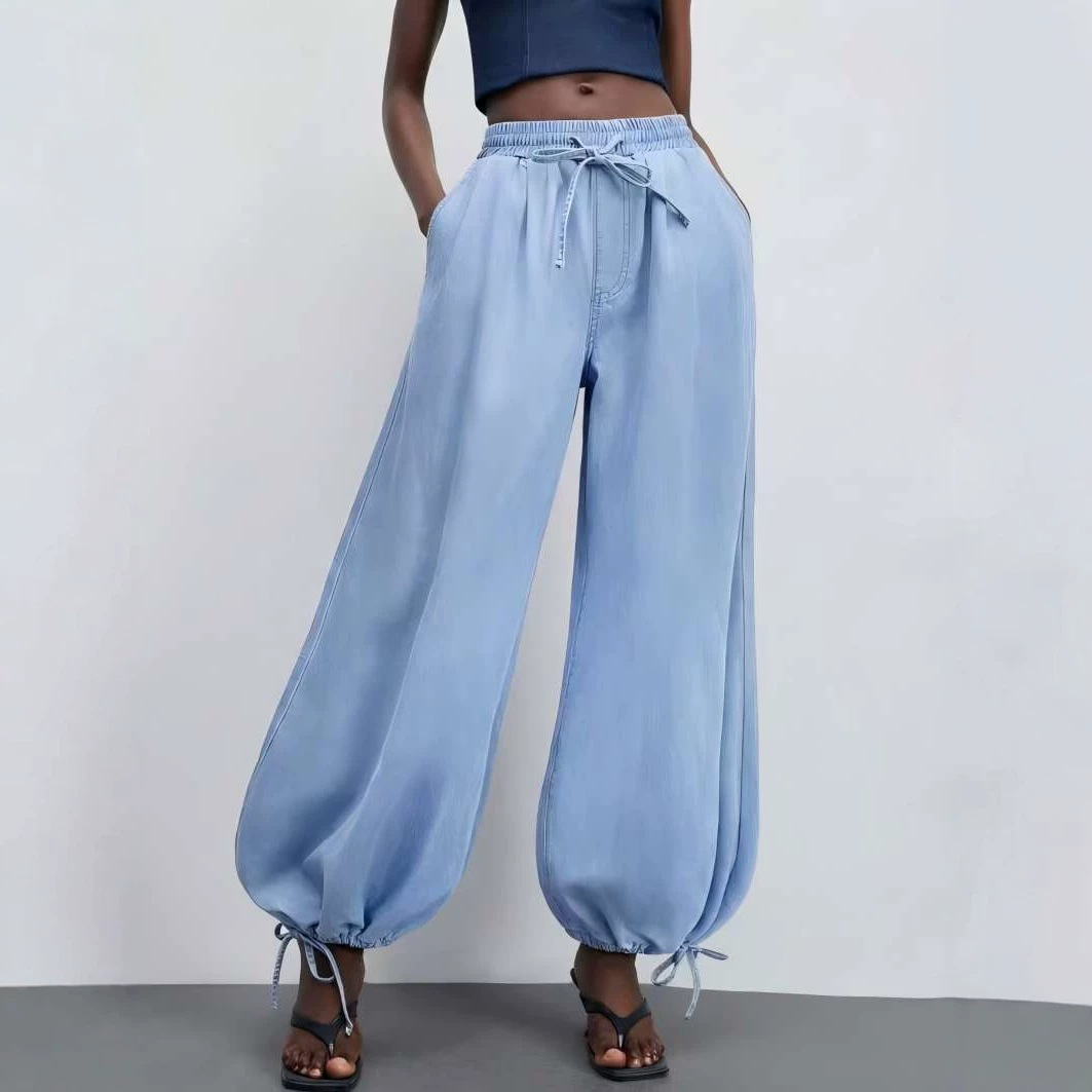 Draping Wide-leg Washed Denim Pants With A Drawstring Elastic Waist And Ankle Cuffs photo 1