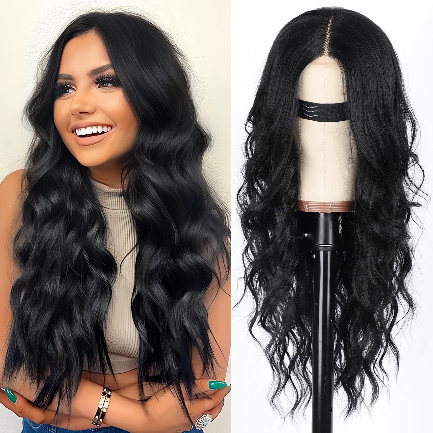 Womens Black Long Curly Wig Full Synthetic Hair With Big Waves photo 6