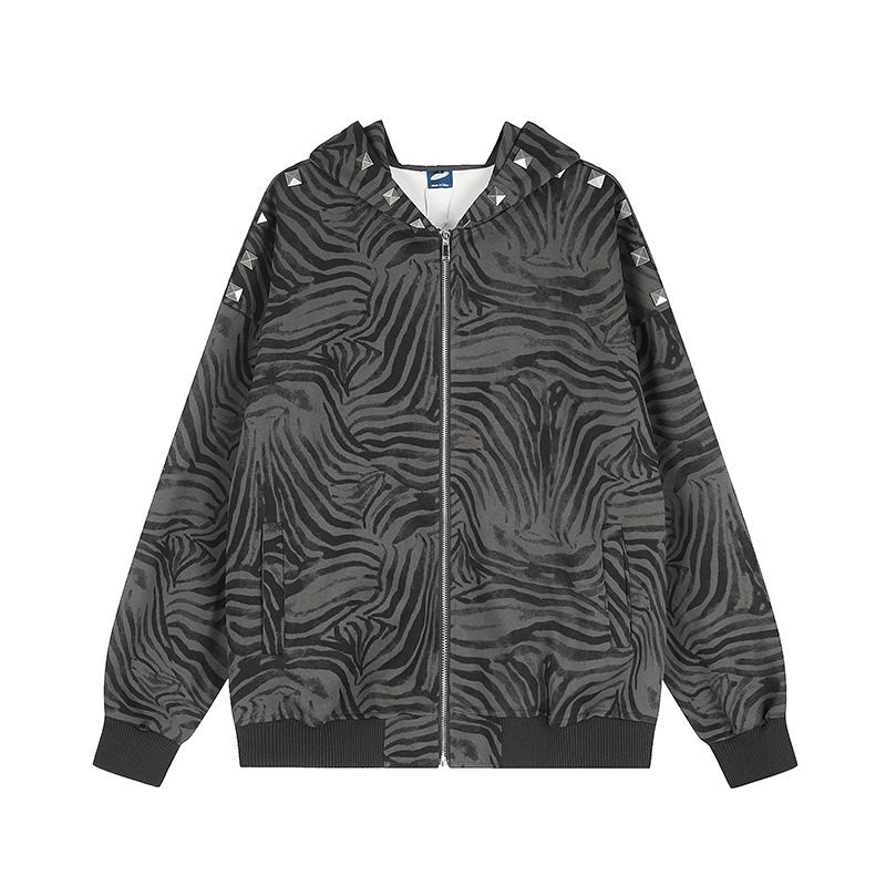 American-style Vintage Zebra-print Hooded Sweatshirt With Studs photo 4