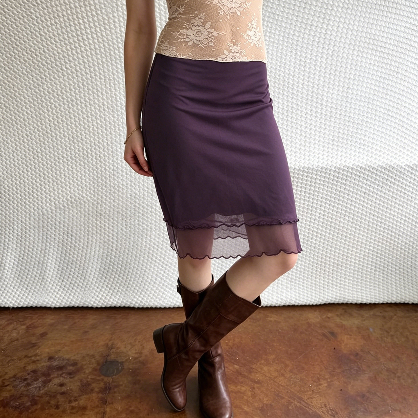 Vintage Purple Mesh-Patchwork Low-Waist Skirt For Women photo 2
