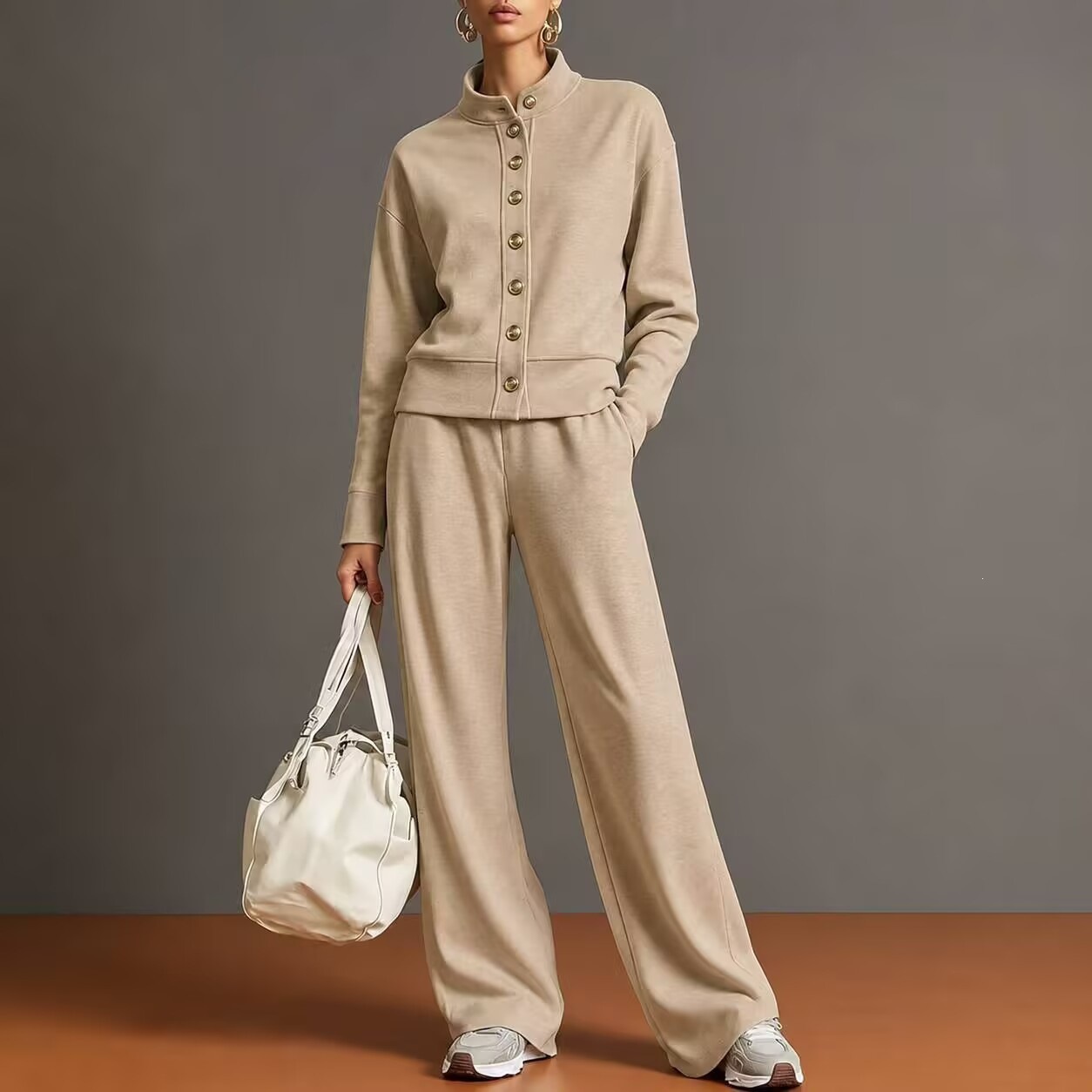 Stand-collar Cardigan And Wide-leg Pants Set photo 6