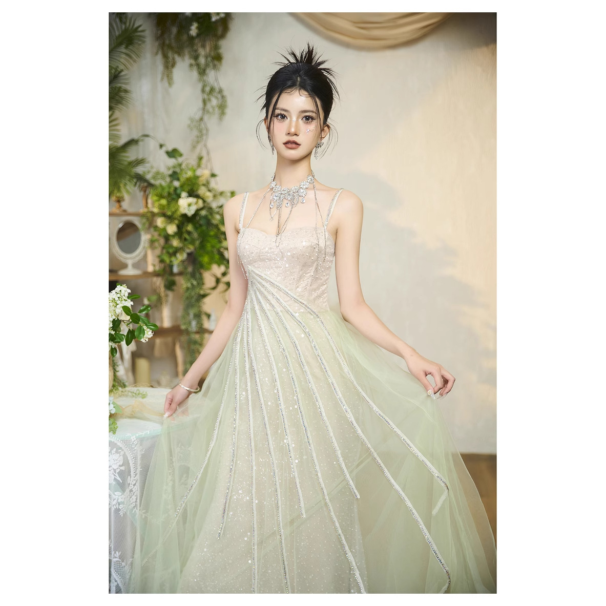 Pale Emerald Green Long-line Waist-cinching Strap Dress photo 3