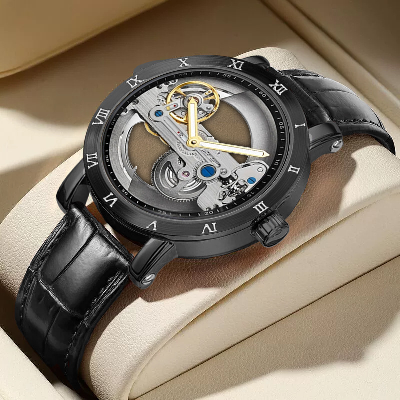 Wolishi Mens Mechanical Watch Leather Strap Waterproof Open-work Design photo 1