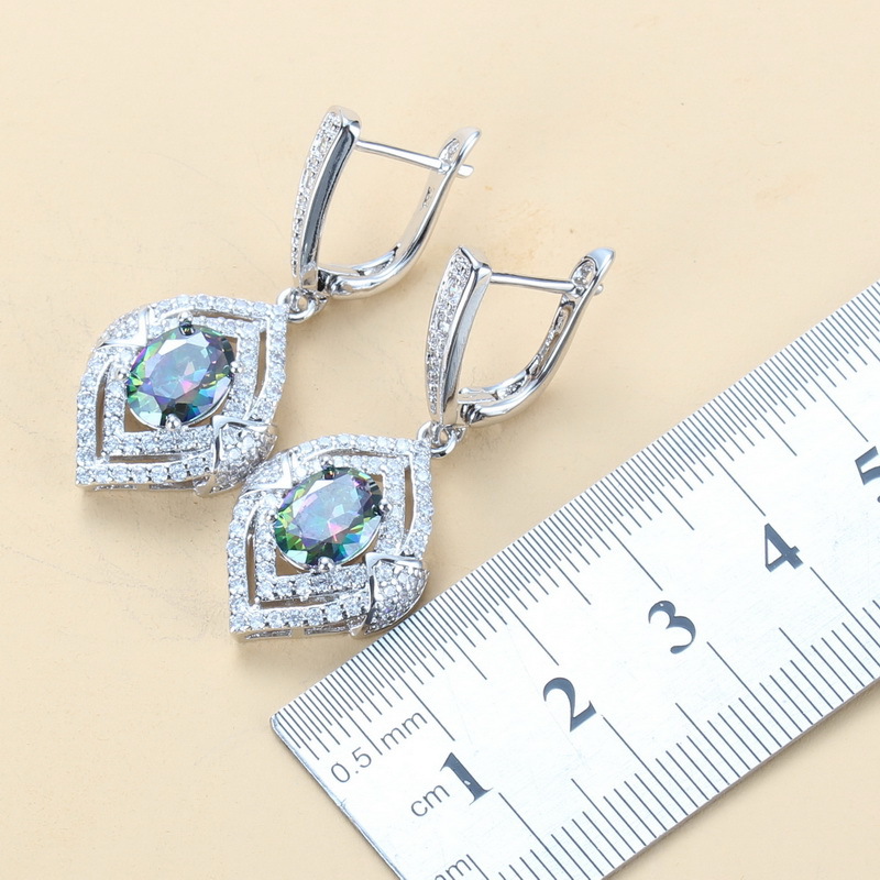 Inlaid Gemstone Pendant Earrings Necklace And Ring For Women 4 PCs Set photo 5