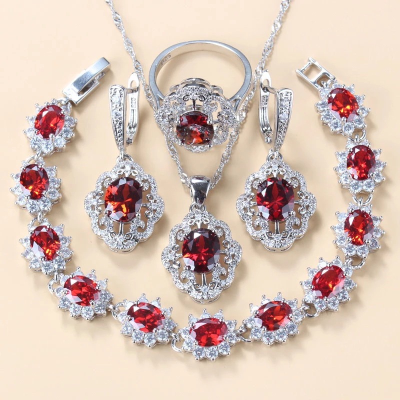 Garnet Cubic Zirconia Earrings Pendant Necklace Bracelet Ring Gift 4 PCs Set photo 1