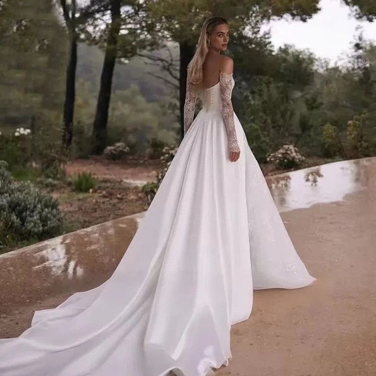 Long Sleeve Off Shoulder Wedding Dress Elegant Train Bridal Gown For Ceremony Reception photo 4