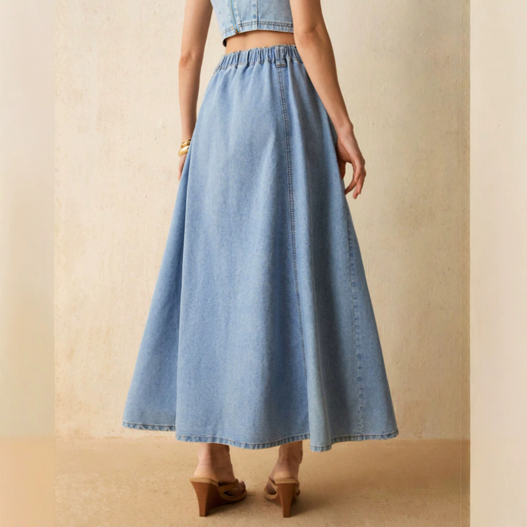 Womens Washed Loose Casual Denim Skirt With Elastic Waist And Flared Hem photo 4